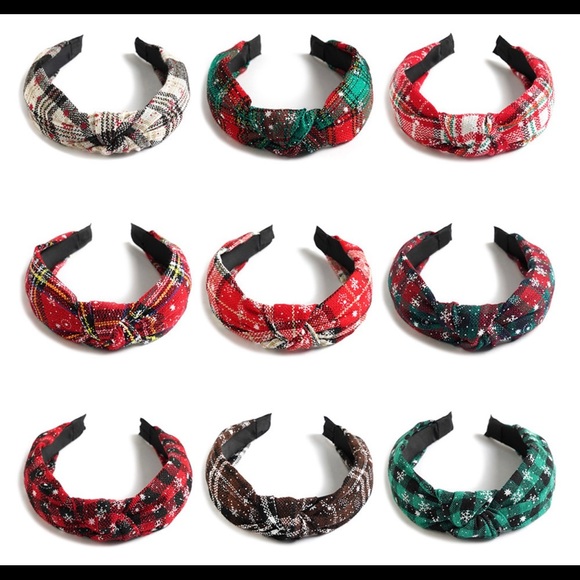 New Christmas Holiday fabric top knot Red black Buffalo plaid flexible headband - Picture 11 of 12